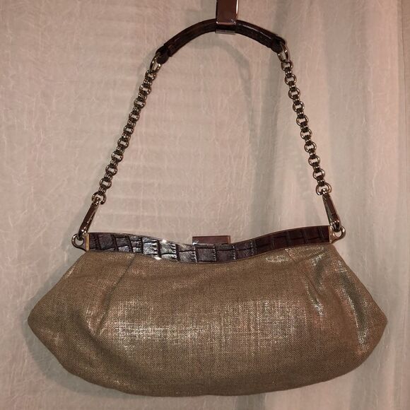 Nine West Shimmer Metallic Burlap Leather Combo Double Link Chain Clutch - Picture 2 of 12